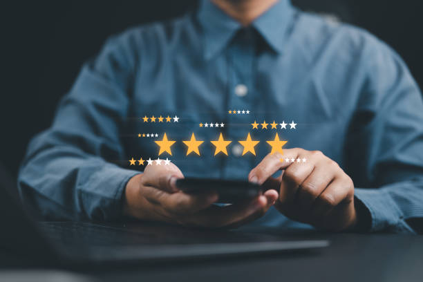 istock Online customer satisfaction Survey service concept, client rate service from experience in application,Consumer give five-Stars and feedback review for quality, Business reputation ranking from buyer 2205697760