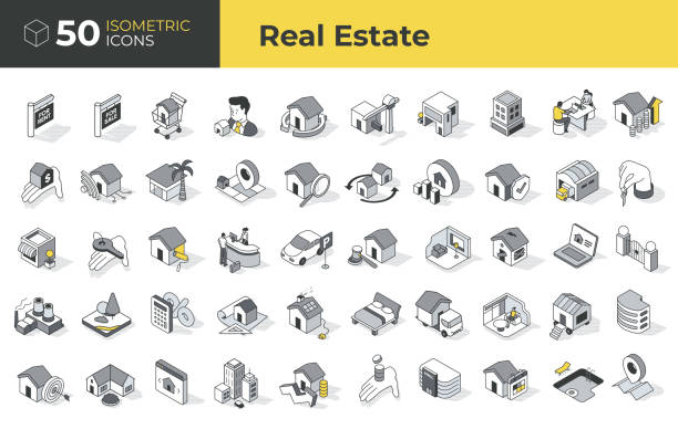 ilustraciones, imágenes clip art, dibujos animados e iconos de stock de 50 íconos isométricos de bienes raíces - agente inmobiliario