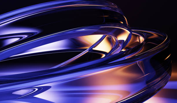 istock Dark blue 3d background with abstract liquid glass circle pattern. Gold neon light holographic transparent rings with motion effect on black bg render. Futuristic bright magic energy 2205699246