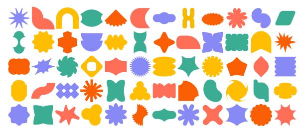 Abstract sticker shapes. Minimalist starburst badge, funky geometric and organic label forms and trendy patch shape frames. Retro pop art badges design elements vector set.