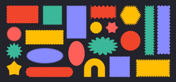 Abstract scalloped shapes. Squiggle sticker frames, jagged price tag, blank label with wavy edges. Wavy border text box, postage stamp and starburst shape. Geometric forms design elements vector set.