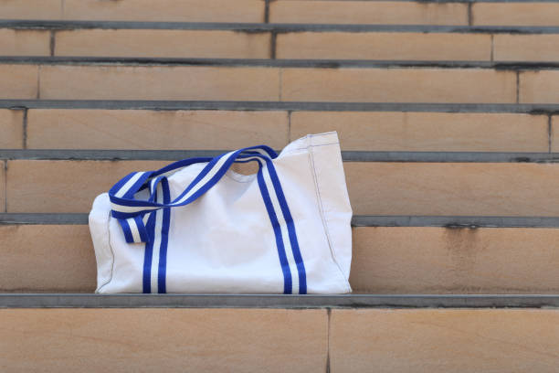 white tote bag on stairs background