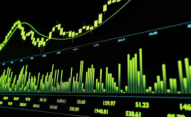 istock Stock market and exchange, screen with chart, bar graph and numbers in green. 2205704888