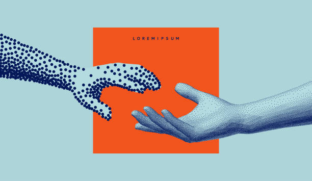 istock Hands reaching towards each other in oarse and fine style. Concept of human relation, togetherness or partnership. Model with stipple effect. 3D vector illustration for banner, cover or brochure. 2205705179
