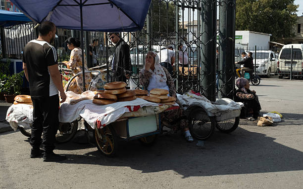 Samarkand, Uzbekistan October 1 2024: a pita or lepeshka is on sale in Siyob bazaar or so called Siab bazaar is the biggest bazaar in Samarkand.