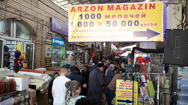 Samarkand, Uzbekistan October 1 2024: the Uzbek money exchange store  in  Siyob bazaar or so called Siab bazaar is the biggest bazaar in Samarkand.