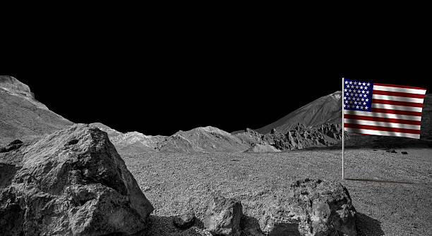 istock USA flag on dark planet landscape. Cosmic scene 2205715264