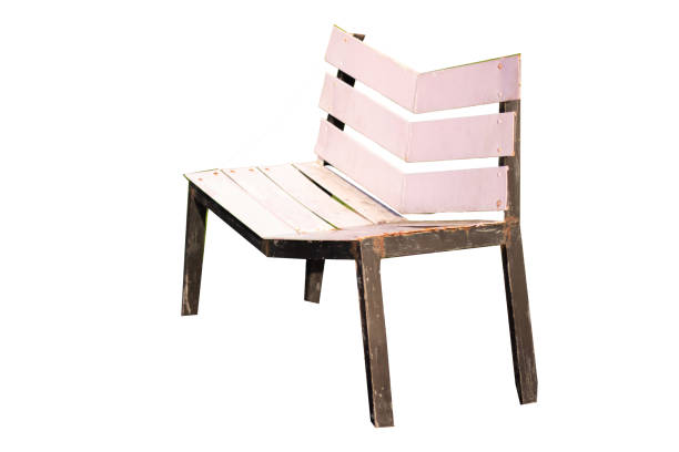 A simple, weathered wooden chair with a unique slatted back design, isolated against a white background.