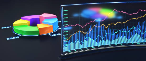 istock Futuristic digital screen with financial data and yearly donut chart 2205720088