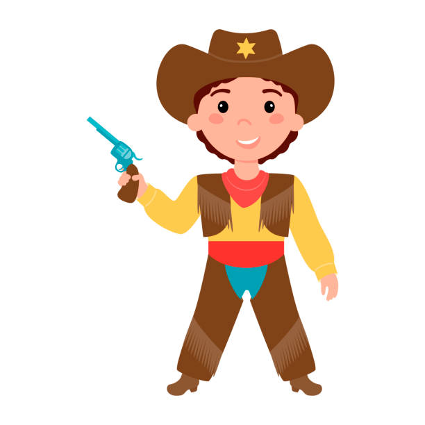 Boy dressed in a cowboy costume, a sheriff and holding a gun in his hands. Boy dressed in a cowboy costume, a sheriff and holding a gun in his hands. Carnival, children's party. Vector illustration on a white background. boy getting dressed for school stock illustrations