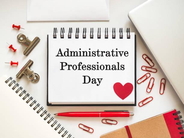 istock Happy Administrative Professionals Day. Notepad with congratulatory inscriptions 2205723029
