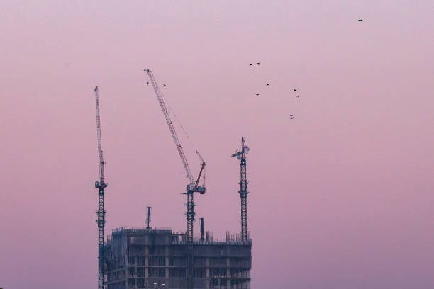 Urban construction cranes high up against the backlight of the urban skyline