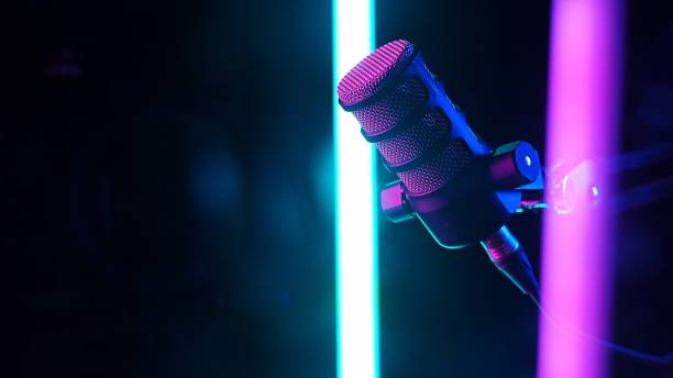Studio microphone with neon lighting and futuristic ambiance