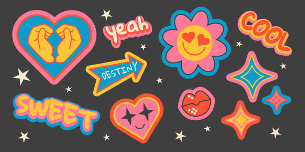 Fun retro sticker set with colorful shapes and positive words on dark background. Bright collection of heart with fists, flower emoticon, sparkles, lips and directional arrow. Vintage style designs.