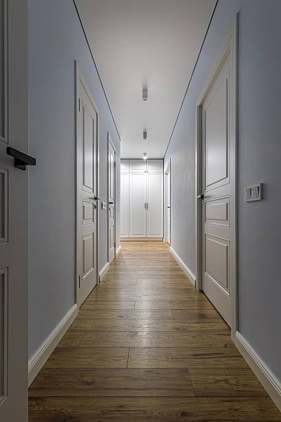 istock Elegant Hallway with White Doors and Wooden Flooring 2205734520