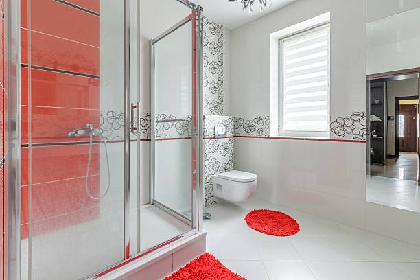 istock Bathroom with Red and White Tiles, Glass Shower 2205734608