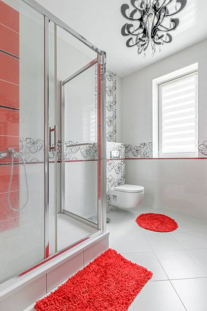 istock Bathroom with Red and White Tiles, Glass Shower 2205734626