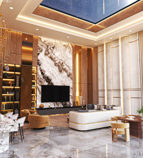 istock Luxurious modern living room with marble decor and night skylight 2205737042