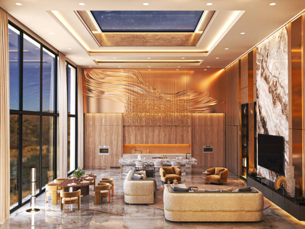 istock Luxurious and modern living room featuring an impressive skyline view, perfect for relaxation 2205737264