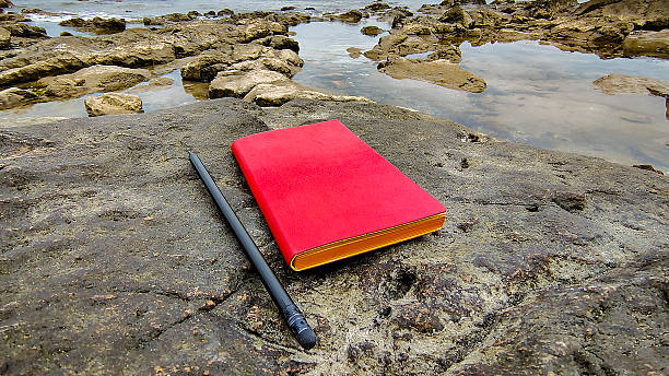 istock Notebook and a pencil rest on a rugged rock along a rocky beach, punta del este, uruguay 2205739753