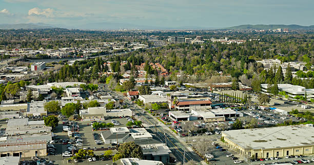 Aerial shot of Walnut Creek on a sunny day in spring. Walnut Creek is an upscale city in the East Bay region of the San Francisco Bay Area, in Contra Costa County, California.