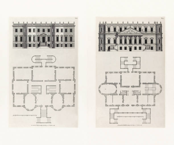 istock Two Classic Historical Designs In Architecture, Plans and Elevations of Houses in the 1700s, Published in 1780 2205746529
