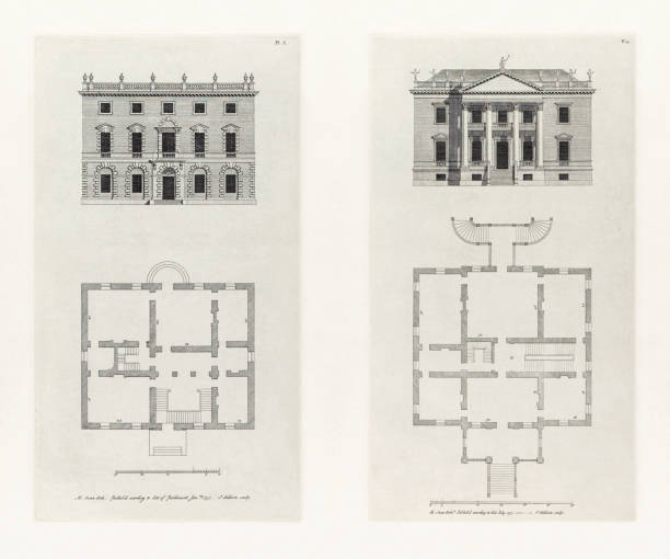 istock Two Classic Historical Designs In Architecture, Plans and Elevations of Houses in the 1700s, Published in 1780 2205746585