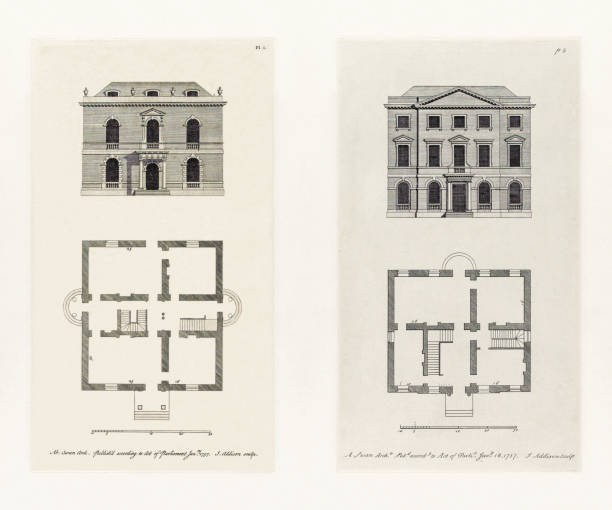 istock Two Classic Historical Designs In Architecture, Plans and Elevations of Houses in the 1700s, Published in 1780 2205746797