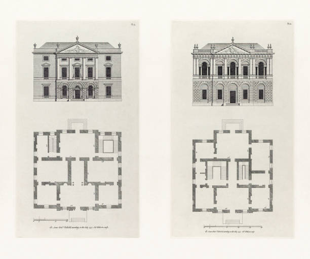 istock Two Classic Historical Designs In Architecture, Plans and Elevations of Houses in the 1700s, Published in 1780 2205746828