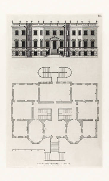 istock Traditional Historical Design In Architecture, Plans and Elevations of Houses in the 1700s, Published in 1780 2205747330