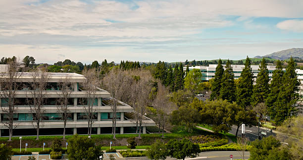 Aerial photograph above an office park in San Ramon, CA. Shot under clear skies during the day. LOG/Flat version available. Please contact sales for more information.