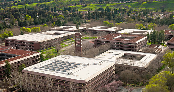Aerial photograph above an office park in San Ramon, CA. Shot under clear skies during the day. LOG/Flat version available. Please contact sales for more information.