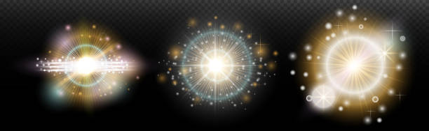 istock Set of flash light effect with glare and glow on a transparent background. Magic, rainbow glow, shining light, stars, optical flares for design, photomontage, New Year and holiday projects. 2205750865
