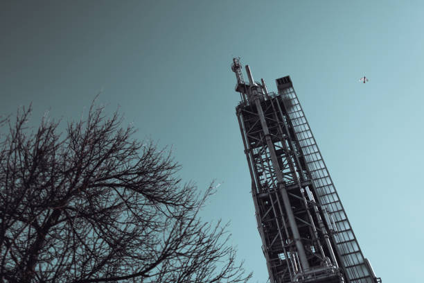 Industrial tower structure contrasting with leafless tree branches under muted blue sky depicting tension between human engineering and natural environment, bird flying distant; telephoto low-key shot