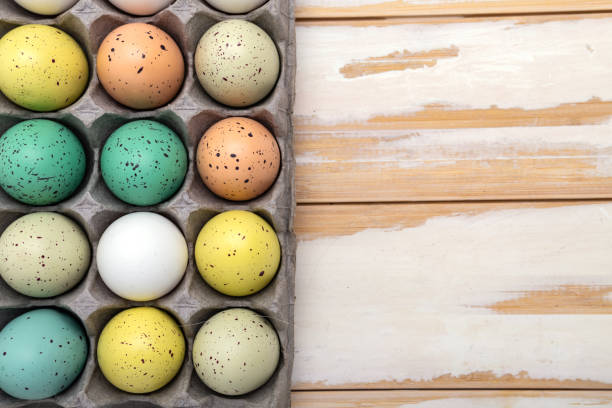 istock colorful easter eggs in a container Preparing for the holiday of light easter. View from above. Space for text. 2205754152