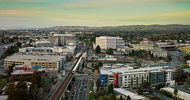 istock Subway Train Entering BART Station, Walnut Creek, California - Aerial View 2205756010