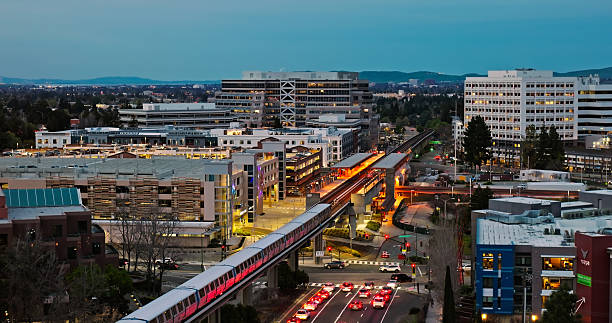 istock Subway Entering BART Station in Walnut Creek, California at Twilight - Drone Shot 2205756095
