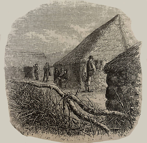 Antique illustration pre 1900 - Group of chuzas - native huts - near Laguna - Atlantic Islands
