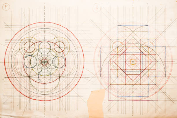 Intricate geometric patterns and designs laid out in a detailed symmetrical and circular blueprint. Perfect for illustrating art concepts, geometry, technical drawings, and symbolic depictions of balance and precision.