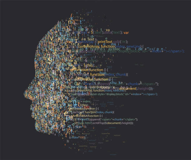 stockillustraties, clipart, cartoons en iconen met vector profile of programming code human face, colorful letters - computertaal