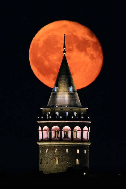 Galata Tower and Full Moon in Istanbul, Turkiye