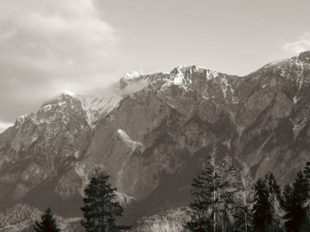 istock Majestic snow-capped dobratsch mountains with pine trees in monochrome tranquil scene 2205772560