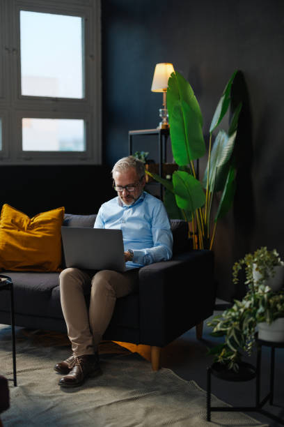istock Focused mature businessman working from home using laptop sitting on sofa 2205776853