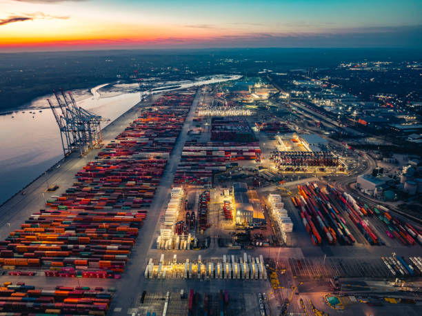istock Port of Southampton captured by drone at night 2205777422