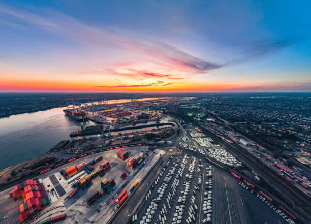 Aerial view of the Southampton container port with cargo ships and cranes, showcasing global trade and logistics