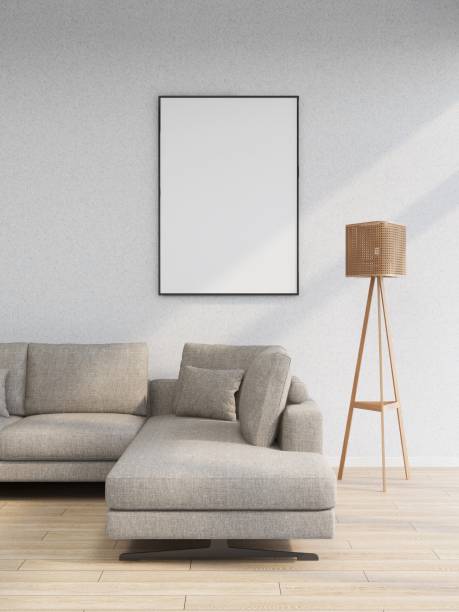 istock Living room with beige wall, blank vertical frame and interior decoration 2205778484