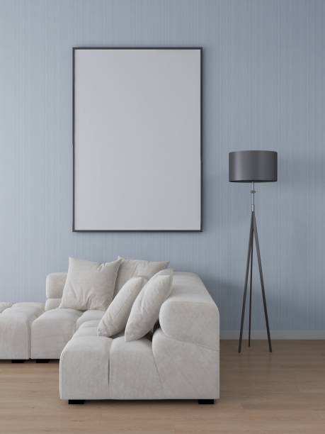 istock Living room with grey wall, blank vertical frame and interior decoration 2205778498
