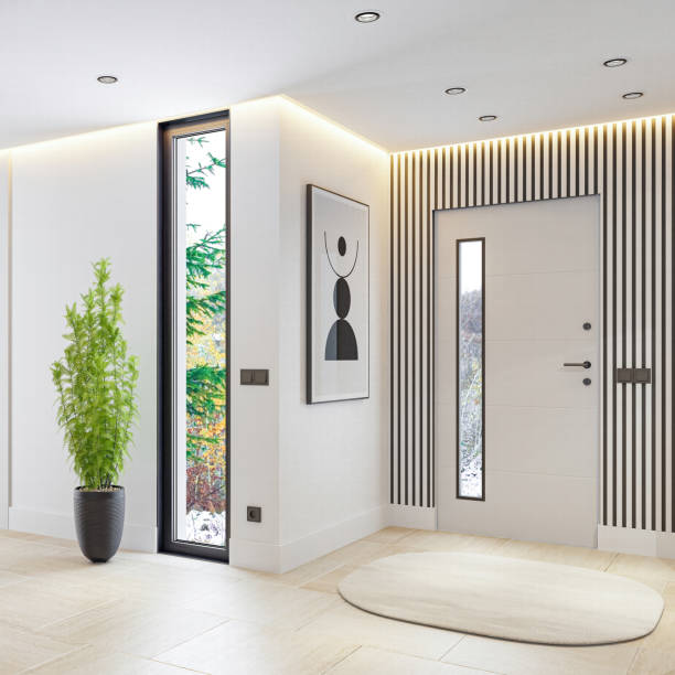 istock Modern White Entrance Hall with Sleek Design and LED Lighting 2205783111