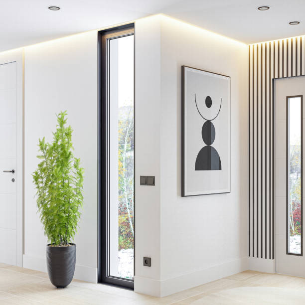 istock Modern White Entrance Hall with Sleek Design and LED Lighting 2205783113