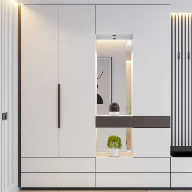istock Modern White Entrance Hall with Sleek Design and LED Lighting 2205783114